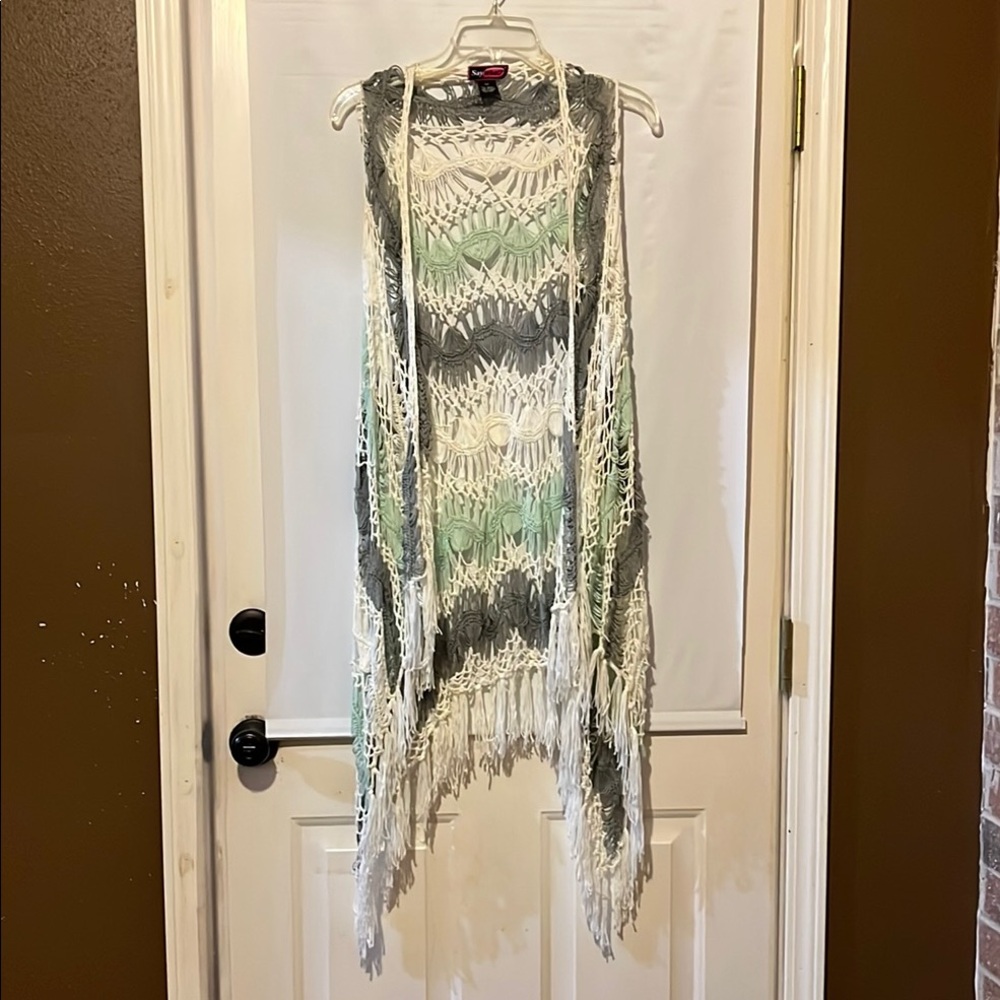 Say What? Gray and Green Fringe Vest with Bohemian Style